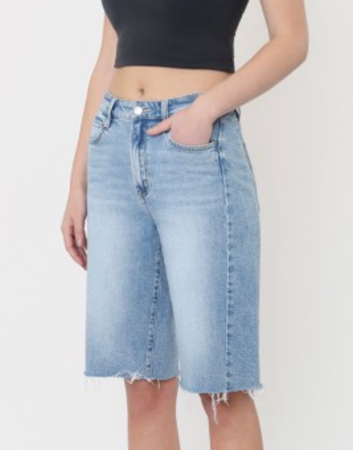 High Rise Long Denim Short w Side Seam Detail