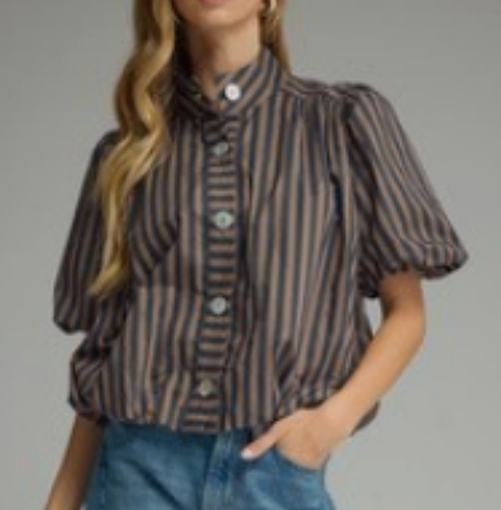 Navy & Brown Striped Blouse