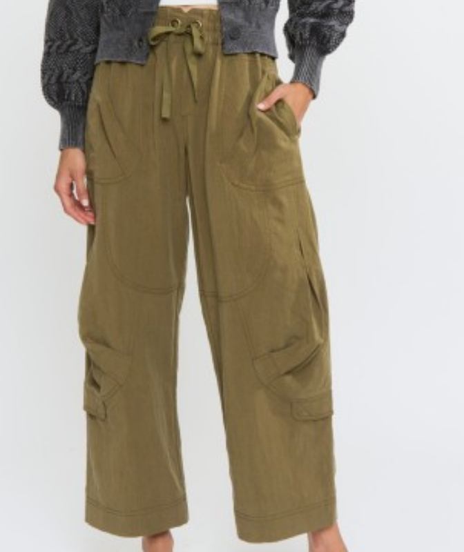 Olive Wide Leg Pants w Utility Pockets & Drawstring