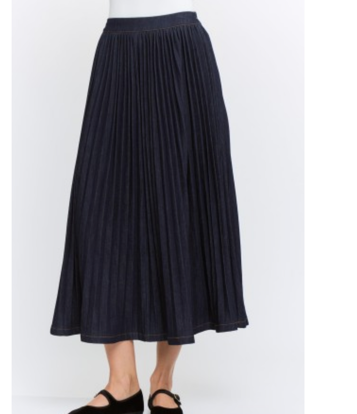 Pleated Dark Denim Midi Skirt