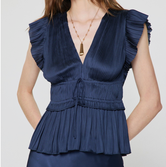Navy Satin Cinched Waist Flutter Sleeve Top