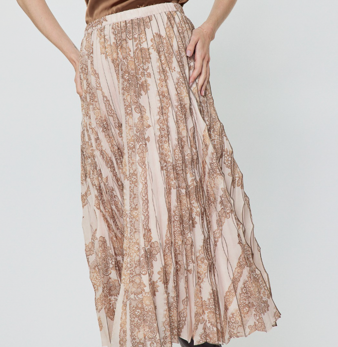 Satin Blush Lace Print Pleated Skirt