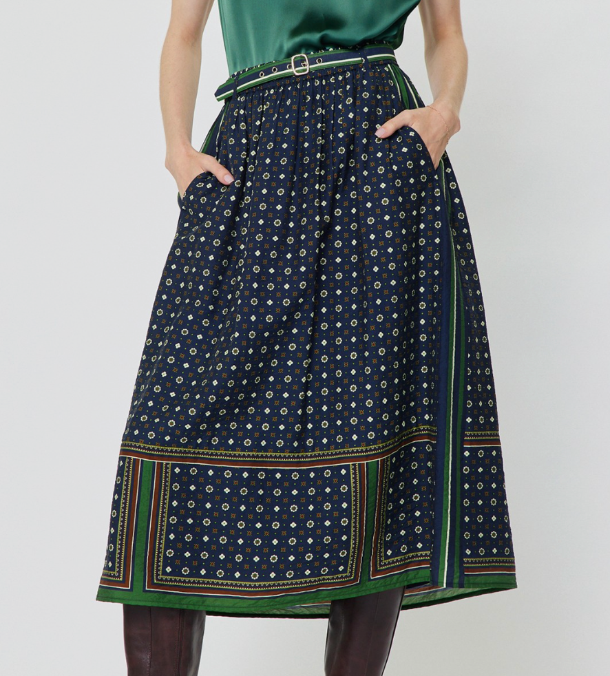 Navy Printed Midi Skirt with Belt