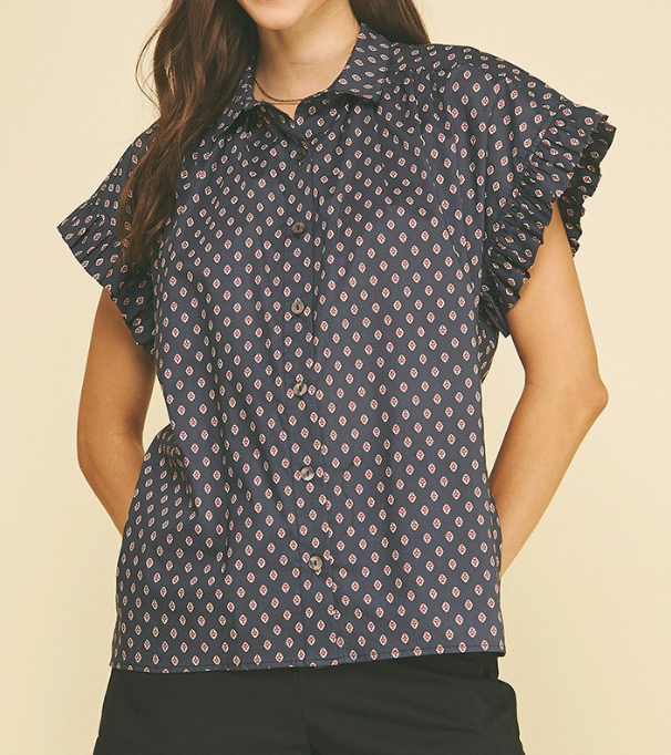 Navy Printed Short Ruffle Slv Blouse