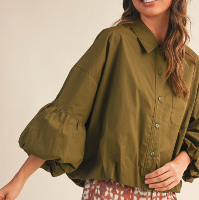 Collared Button Down Bubble Sleeve Top