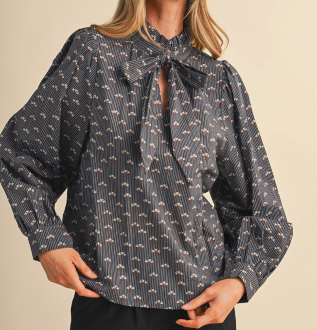 Floral Printed Striped Blouse w Neck Tie
