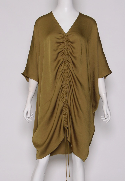 Olive Silky Drawstring Dolman Dress