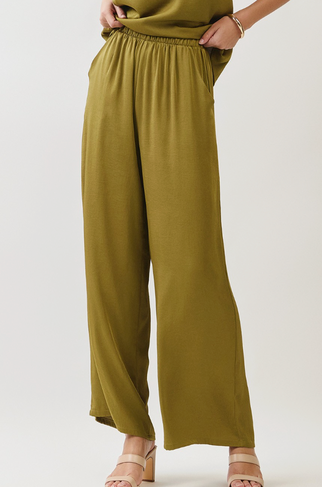 Olive Silky Pants w Elastic Waist