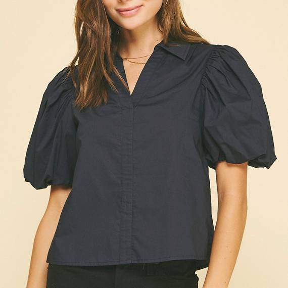 Classic Navy Puff Sleeve Blouse