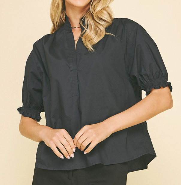 Black Puff Sleeve Blouse w Ruffle Collar
