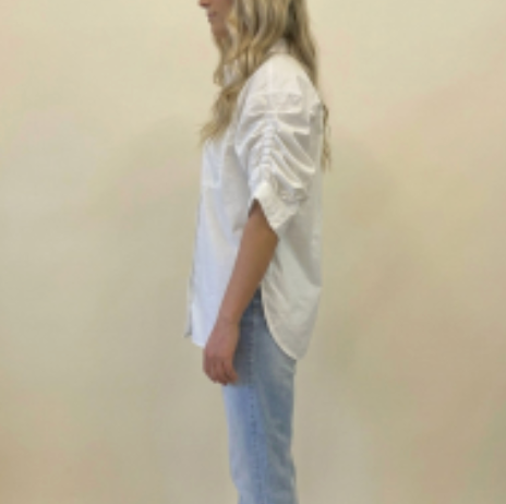 White Button Up with Pocket & Ruched Sleeve