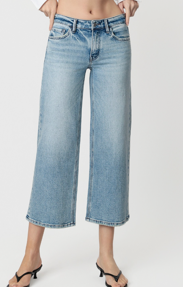Mid Rise Medium Wash Crop Wide Jeans