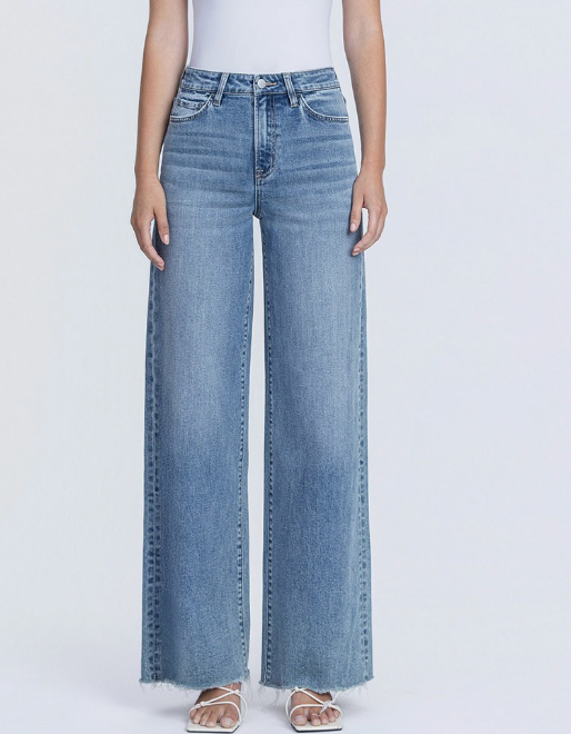 High Rise Medium Wash Raw Hem Wide Leg Jeans