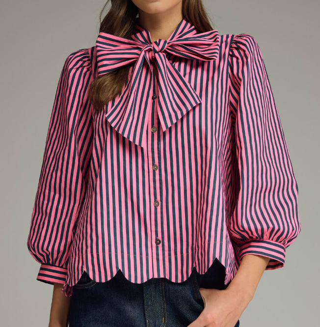 Pink Striped Button Down Blouse with Tie Neck
