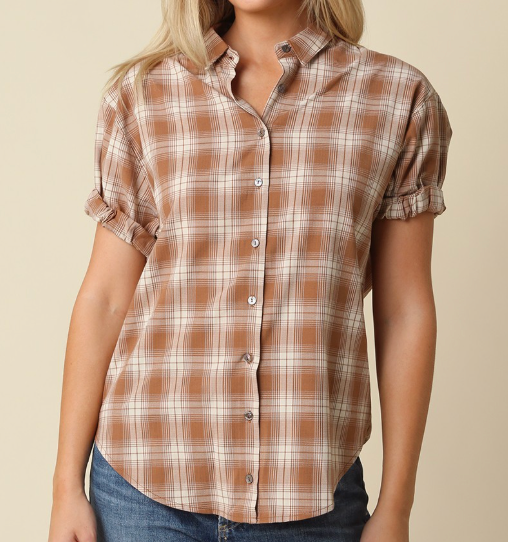 Brown Plaid Rolled Short Slv Button Down