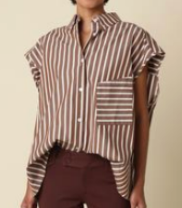 Brown & White Striped Cap Slv Button Down