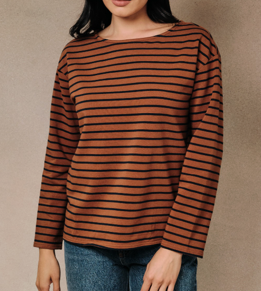 Brown & Navy Striped Boat Neck Long Slv Knit Top