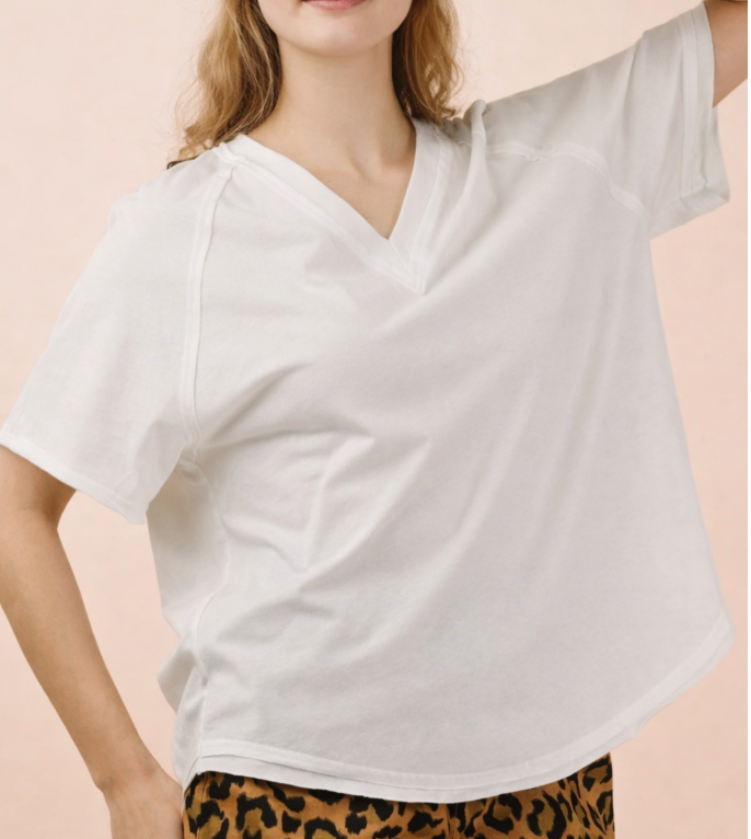 White V-Neck Tee with Back Shirring Detail