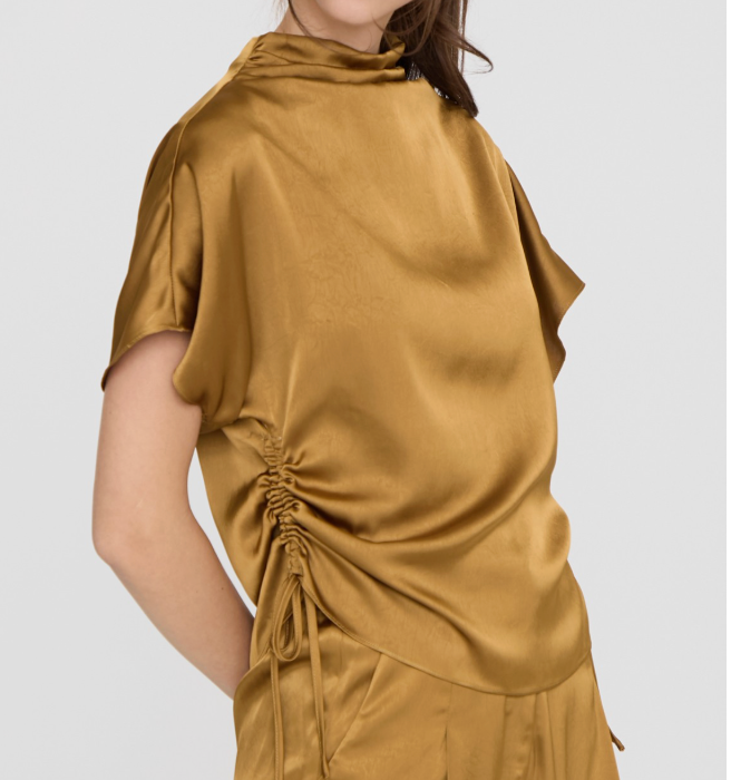 Gold Silky High Neck Side Shirring Blouse