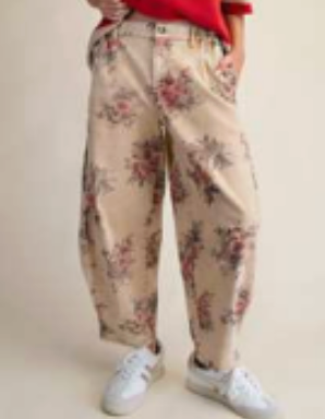 Tan Floral Print Mineral Washed Barrel Pants