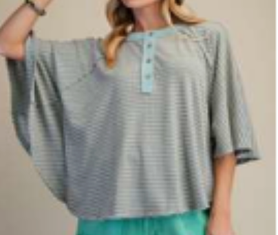 Light Blue Dolman Slv Striped Henley Top