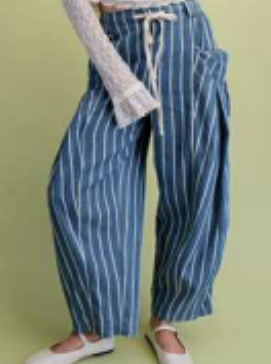 Striped Ltwt Denim Pants w Tie Waist