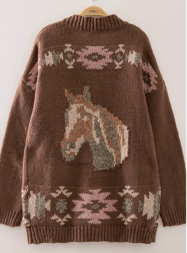 Brown Horse & Geometric Design Cardigan
