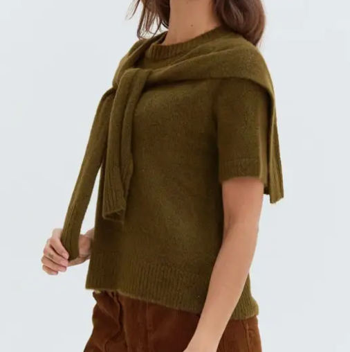 Brown Short Sleeve Layered Knit Sweater Top