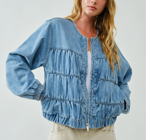 Ruched Seam Denim Bomber Jacket