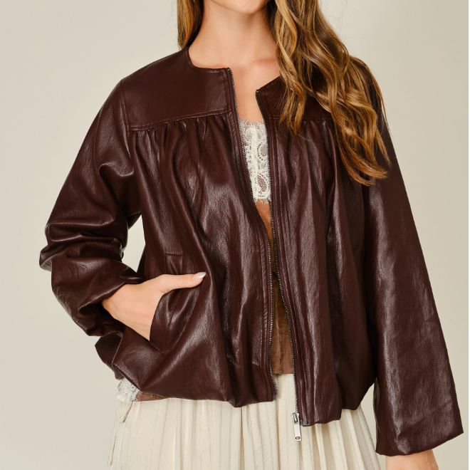 Burgundy Vegan Leather Bomber Jacket