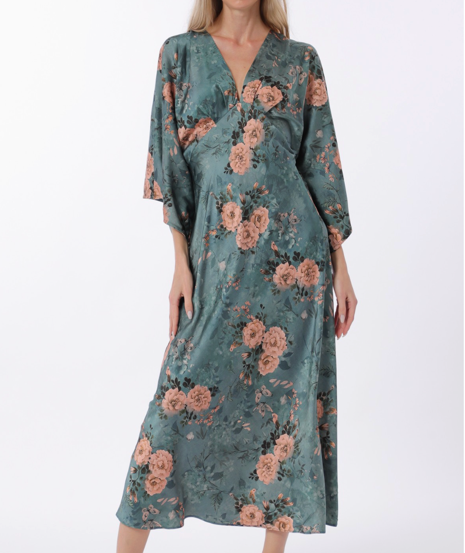 Blue Floral Qtr Slv V-Neck Silky Dress