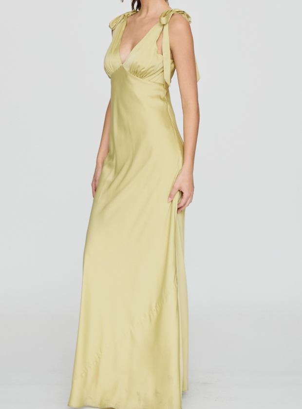 Pastel Green Shoulder Tie Bias Cut Silky Maxi Dress