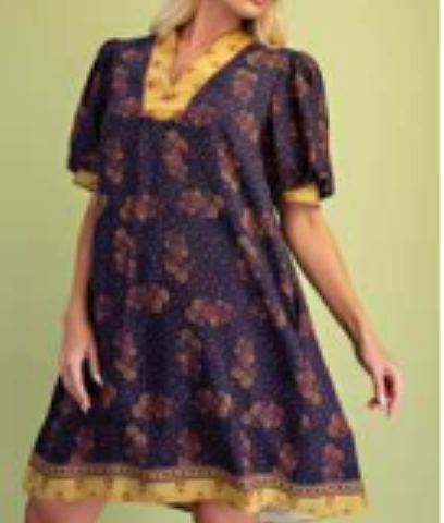 Navy Printed Dress with Yellow Trim