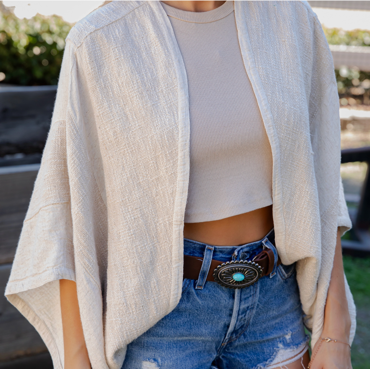 Denim Patchwork Poncho w Raw Hem