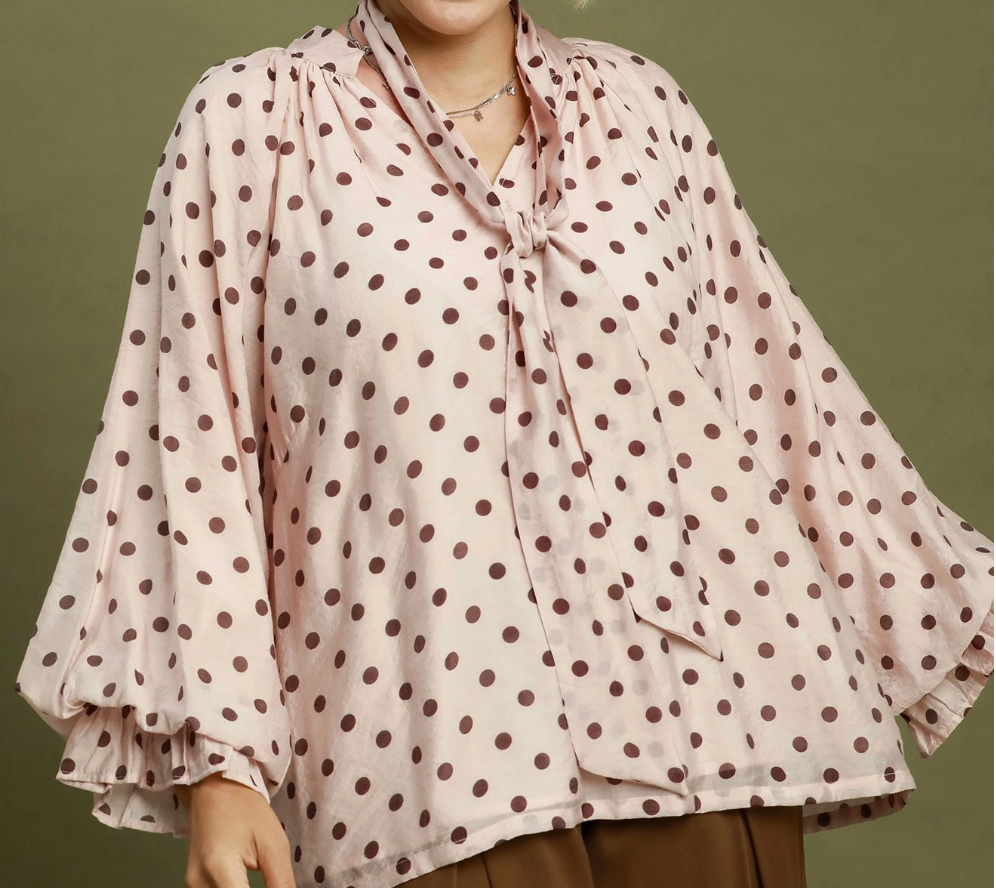 Brown Polka Dot Long Balloon Slv Blouse