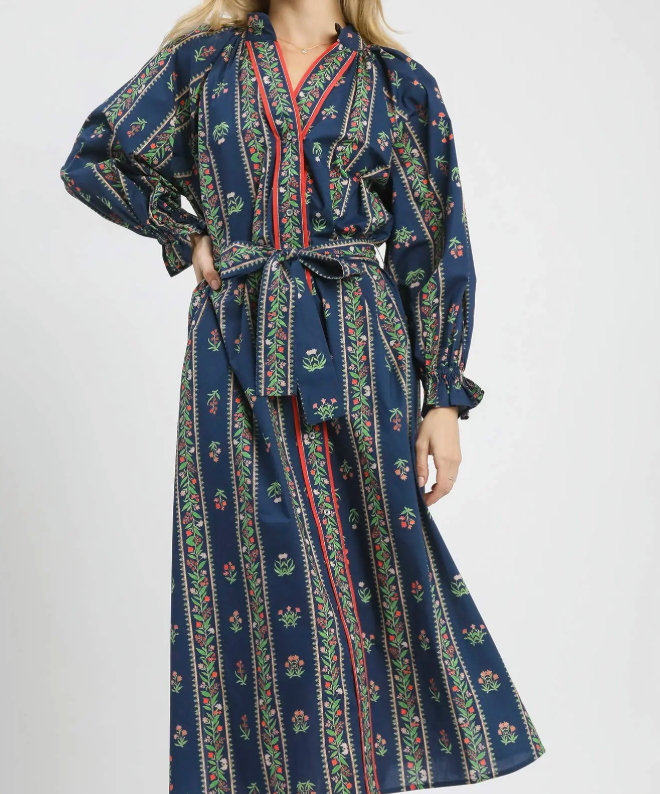 Navy Printed Belted Floral Stripe Collared Maxi Dress