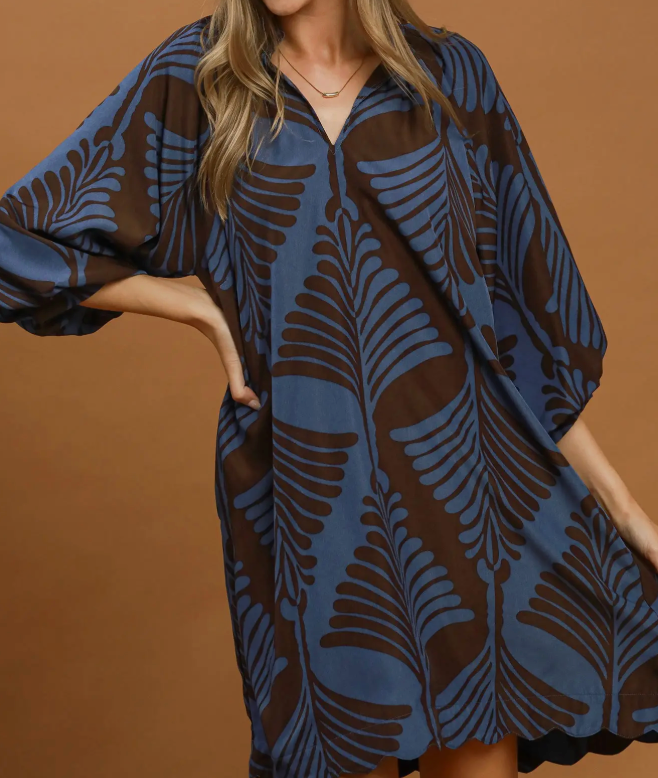 Teal Printed Dress with Scallop Hem