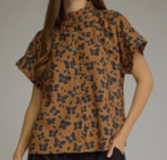 High Neck Butterfly Print Blouse