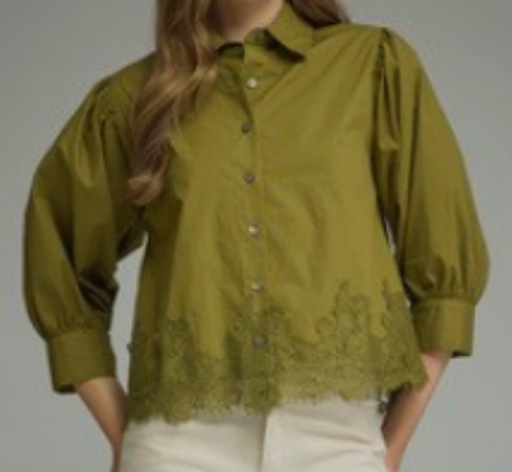 Collared Button Down with Lace Trim Waist