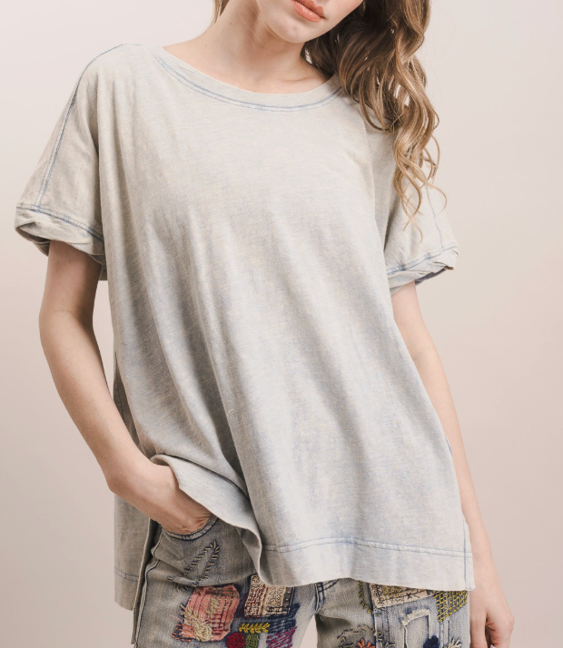 Pale Blue Garment Washed Short Slv Top
