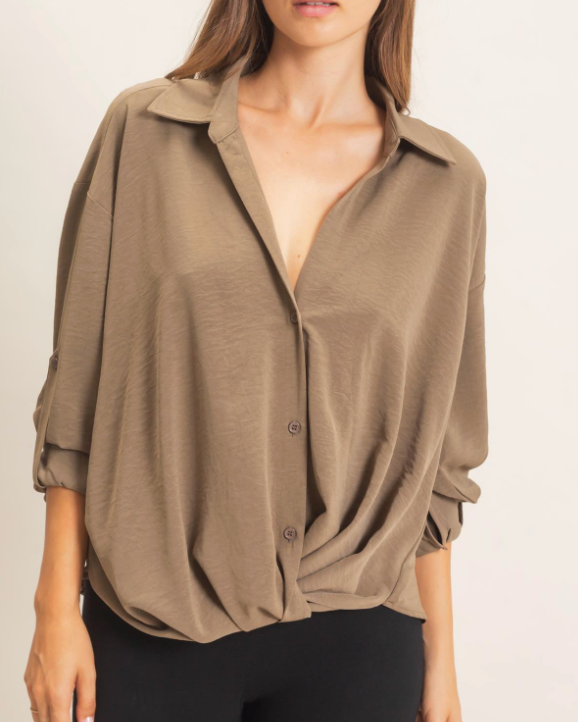 Olive Gathered Hem Dolman Sleeve Button Up Blouse