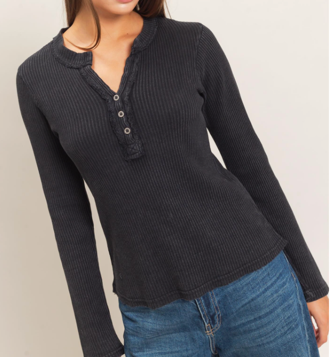 Black Mineral Wash Waffle Knit Henley Long Slv