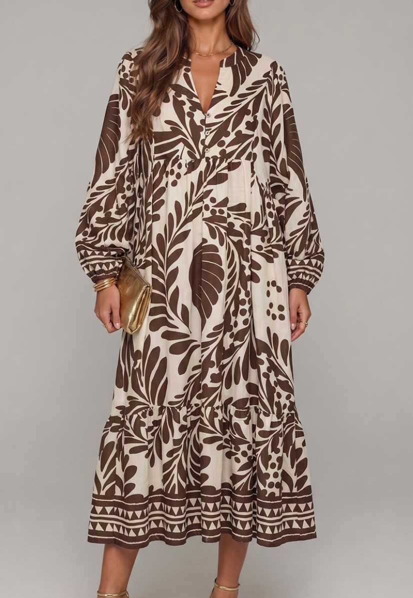 Brown Leaf Print Tiered Maxi Dress