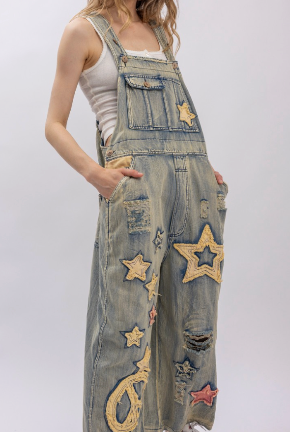 Star Patchwork Washed Denim Overalls