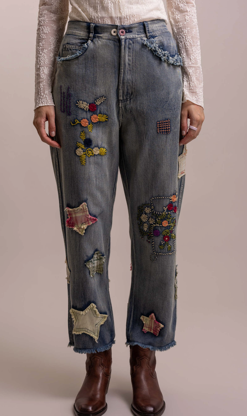 Jeans with Embroidery & Star Patchwork