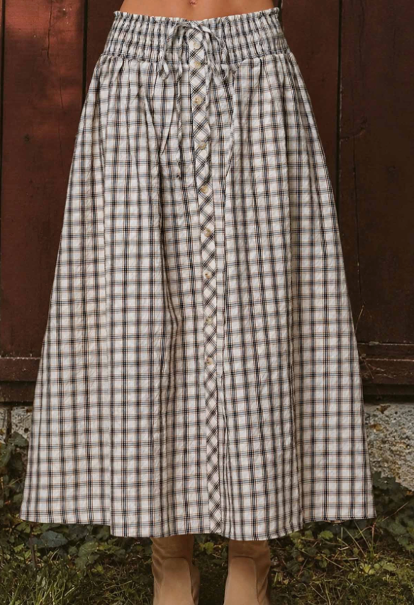 Plaid Smocked Waist Midi Skirt w Buttons