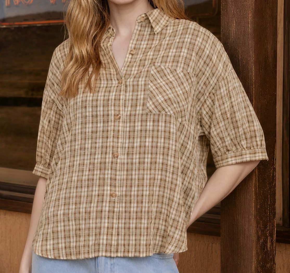 Plaid Half Slv Collared Button Down Shirt