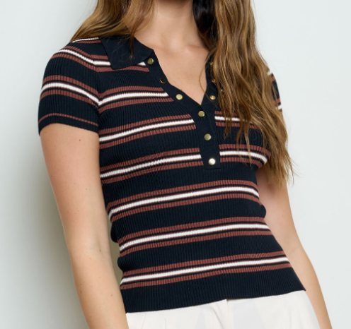 Striped Ribbed Polo Knit Top