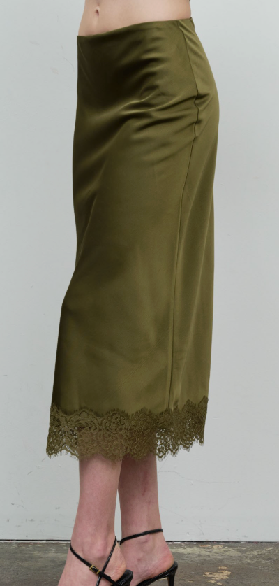 Olive Satin Midi Skirt w Lace Trim