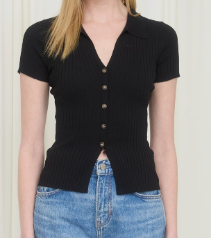 Collared Ribbed Short Slv Button Front Knit Top